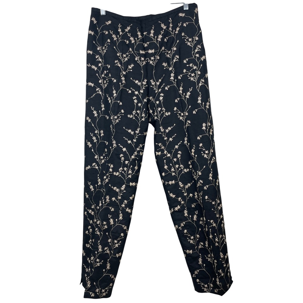 Karen Kane Lifestyle Womens 100% Silk Embroidered Floral Pants Black Size 12‎